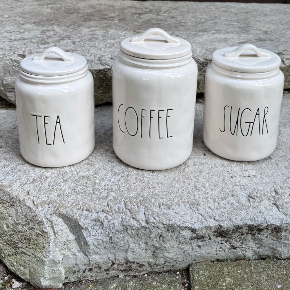 Rae Dunn COFFEE, TEA and SUGAR White Ceramic Kitchen Canister Set
